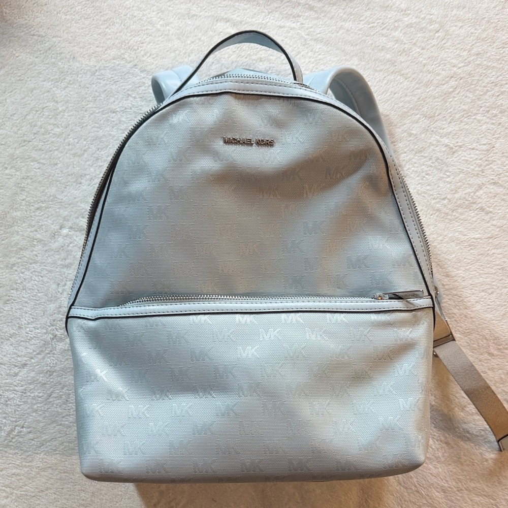 Michael Kors Sheila Large Woven Logo Nylon Backpack Vista Blue Backpack